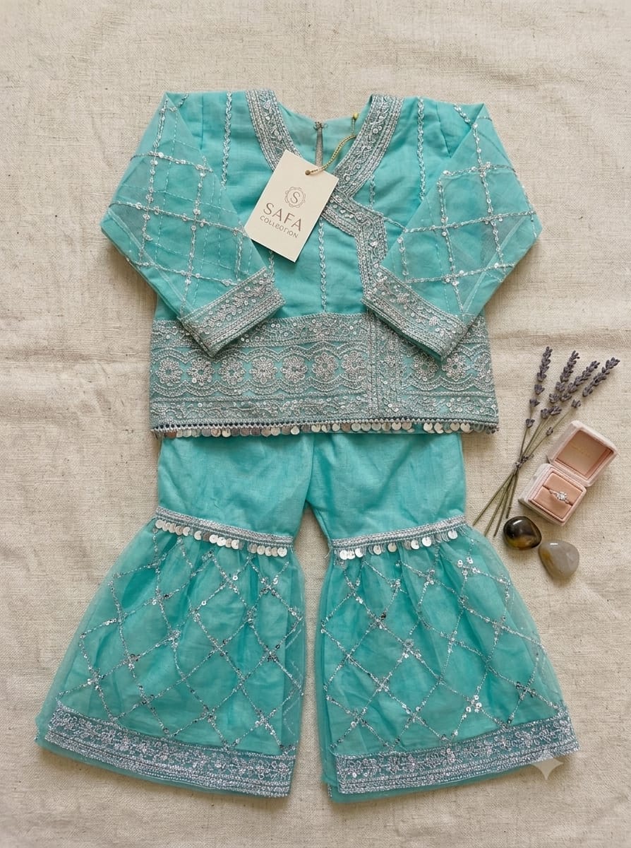 Safa collection, Girls full embroidery top with sharara
